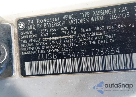 2003 BMW Z4 3.0I z USA, uszkodzony, nr VIN 4USBT53473LT23664